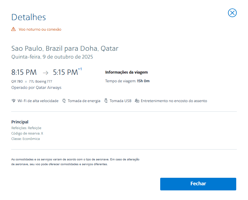 Tabela Fixa Latam: GRU - DOH