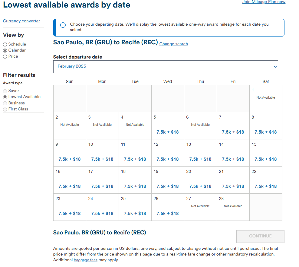 GRU - REC - Alaska Airlines Calendar