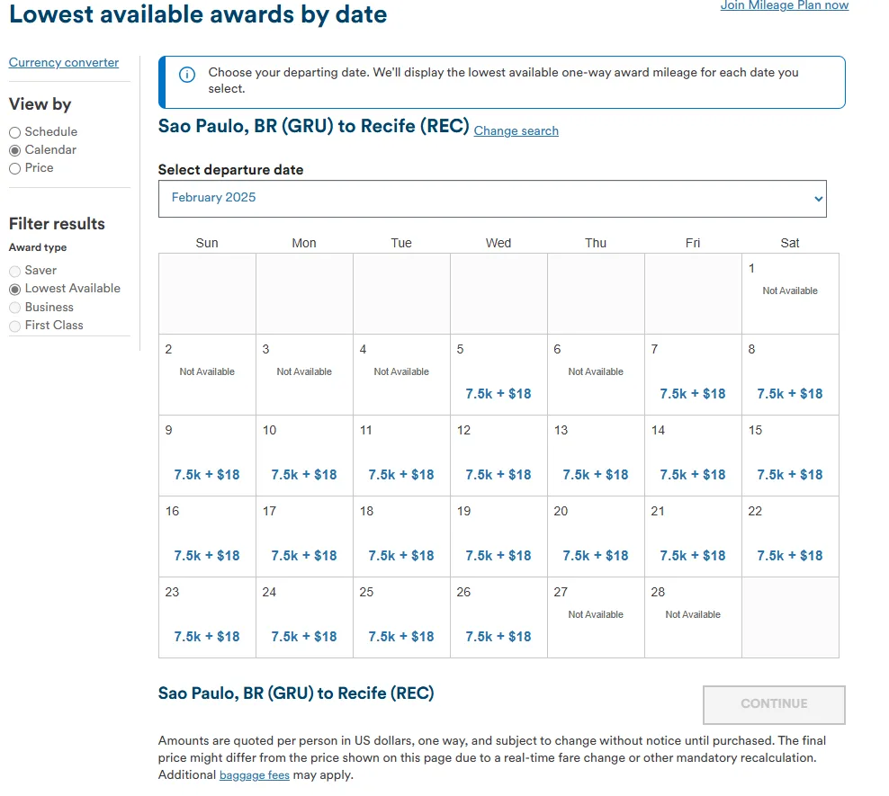 GRU - REC - Alaska Airlines Calendar